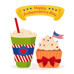 Independence day USA card. Cup coffee to go and cartoon cakes, American flag, ribbon. Patriotic banner, muffin 4th of July happy festival tag. Isolated vector illustration