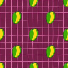 Bright green contoured apricot silhouettes seamless pattern. Purple chequered background.