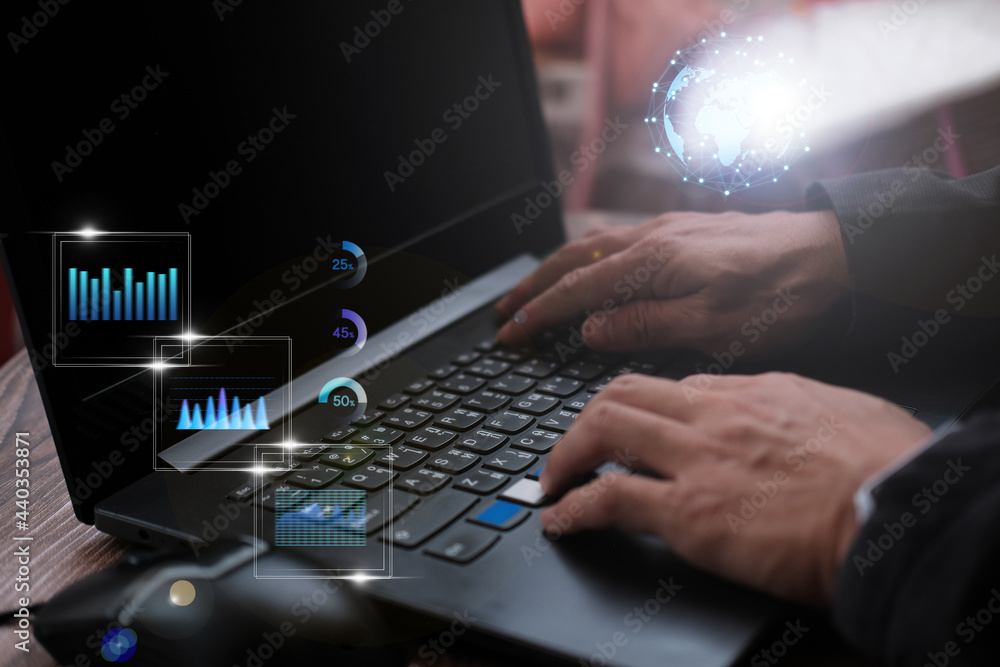 Poster businessman working laptop computer with big data analytics visualization technology with business a