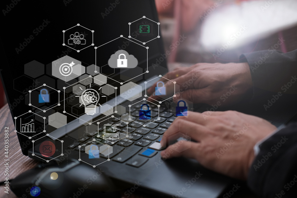 Poster businessman working laptop computer with big data analytics visualization technology with business a