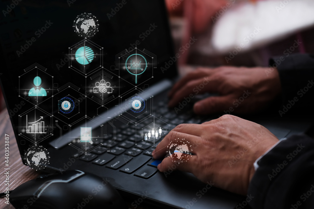 Poster businessman working laptop computer with big data analytics visualization technology with business a