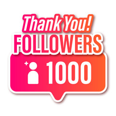 Sticker, social media, thank you for 1000 followers with pink orange gradient and shadow isolated on white 