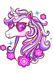 Colored unicorn illustration with flowers, lilac, pink and blue.
