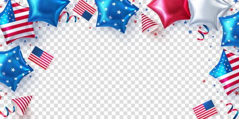 Fourth of July background.USA independence day celebration with American Stars Shaped Balloons and Decoration.4th of July promotion advertising banner template or USA Party Decorations and Brochure - obrazy, fototapety, plakaty