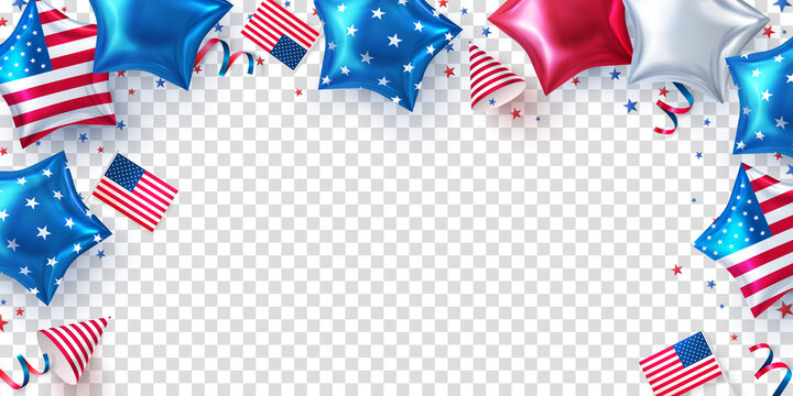 Fourth of July background.USA independence day celebration with American Stars Shaped Balloons and Decoration.4th of July promotion advertising banner template or USA Party Decorations and Brochure