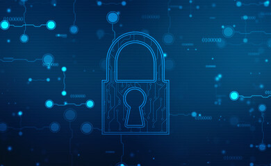 Closed Padlock on abstract technology background, Technology security concept. Protection system, Cyber Security and safety information, personal data concept