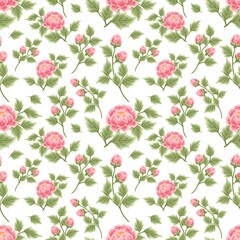 Vintage and classic floral seamless pattern of red rose and peony flower buds with leaf branch arrangements