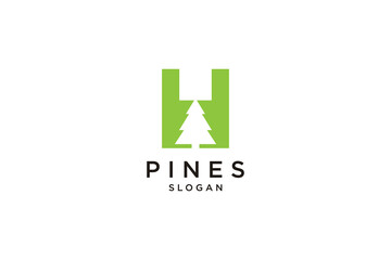 initial letter H with Hemlock, Evergreen, Pines, Spruce, Cedar trees logo design template