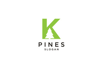 initial letter K with Hemlock, Evergreen, Pines, Spruce, Cedar trees logo design template