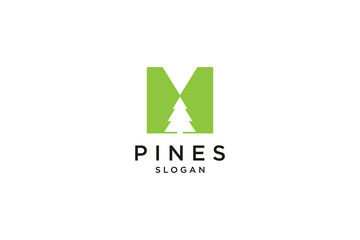 initial letter M with Hemlock, Evergreen, Pines, Spruce, Cedar trees logo design template