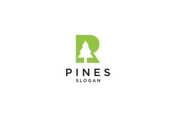 initial letter R with Hemlock, Evergreen, Pines, Spruce, Cedar trees logo design template