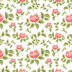 Vintage floral seamless pattern of red peony flower buds with leaf branch arrangements