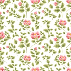 Fototapeta na wymiar Vintage floral seamless pattern of red rose and peony flower buds with leaf branch arrangements