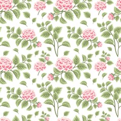 Vintage and classic floral seamless pattern of pink peony flowers with leaf branch arrangements