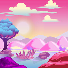 Fototapeta na wymiar Pink Cartoon Landscape Background