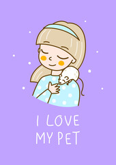 Cute girl with her rat pet on purple background   - cartoon character for happy design