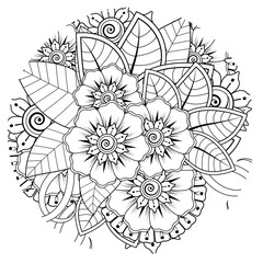Mehndi flower for henna, mehndi, tattoo, decoration. decorative ornament in ethnic oriental style. doodle ornament. outline hand draw illustration. coloring book page.