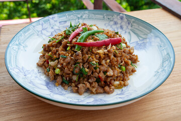 Street Food In Thailand, Stir Fried Minced Pork with Chili and Salt