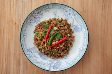 Street Food In Thailand, Stir Fried Minced Pork with Chili and Salt