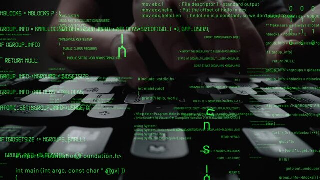 Creative visual of computer programming coding and software development shown by man working on computer keyboard with overlay of computer graphic displaying abstract program codes and computer script