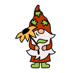 Fall gnome with sunflower is on white background. Vector illustration.