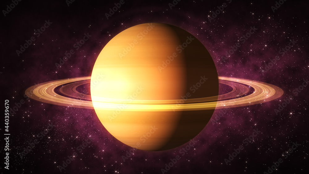 Poster saturn planet with rings and the atmosphere on dark shiny starry outer space with nebula cloud backg