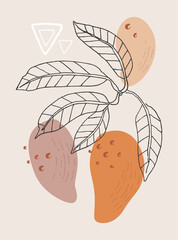 Vector abstract mango fruits and leaves illustration in Bohemian terracotta colors. Perfect as interior poster, textile print,summer, eco, vacation, resort, beauty, spa design element.