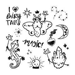 Childish magic nocturnal doodle line elements set. Perfect for girls textille design.   