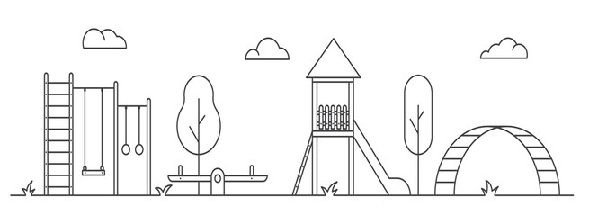 Playground for children. Line art illustration. Landscape of park with swing, bench and slide. Outline vector illustration