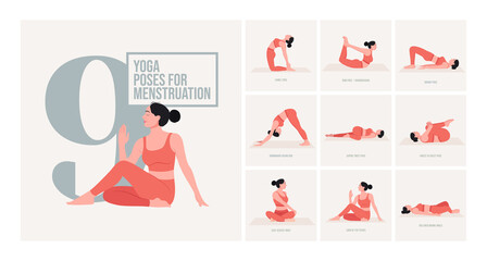 Yoga poses For Menstruation . Young woman practicing Yoga pose. Woman workout fitness, aerobic and exercises. Vector Illustration.