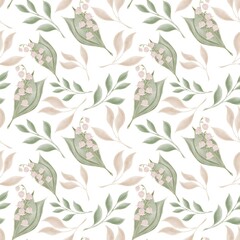 Botanical delicate seamless pattern of lily of the valley flowers and twigs in beige and green on a white background