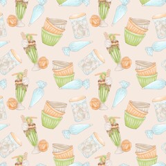 Delicate illustrations for pastry cup with Marshmallows, pastry bag, kiwi cocktail, seamless pattern on beige background