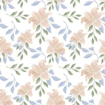 Delicate floral pater in pastel colors with green and blue leaves and beige golden lilies on a white background, seamless pattern