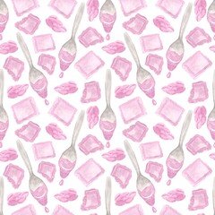 Pink watercolor illustrations — chocolate, spoon on white background, sweet pastry pattern seamless