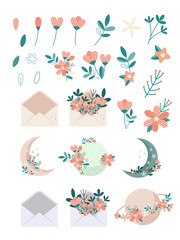 Set of floral elements. Flower and green leaves. Floral poster, invite. Vector illustration for greeting card or invitation design. Crescent moon.