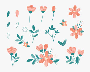 Childish fairy flowers. Creative kids cliparts. Nursery prints with hand drawn doodle illustration isolated on white. Flowers, leafs, twigs, branches