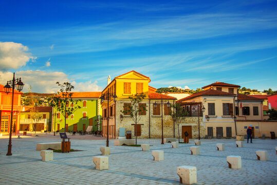 VLORA-VLORE, ALBANIA: Historical multi-colored buildings on the street in the city center.