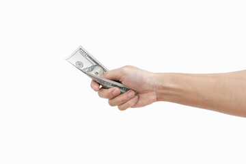 Hand holding cash, US dollar banknote, isolated on white background