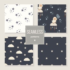 Vector seamless patterns with cute cartoon sheeps, stars and clouds. Good night illustration. For children design.