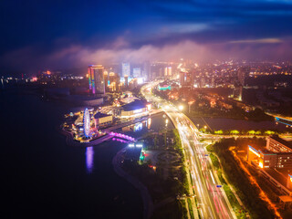 Fototapeta na wymiar Aerial photography of Qingdao's west coast city buildings at night