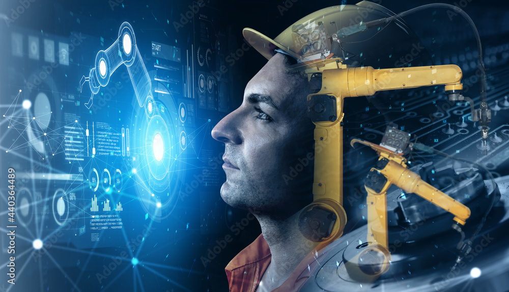 Poster mechanized industry robot arm and factory worker double exposure . concept of robotics technology fo