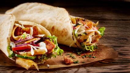 Doner kebab with meat and vegetables on wooden table
