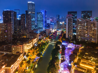 Fototapeta premium Aerial photography of modern buildings in Chengdu city center at night