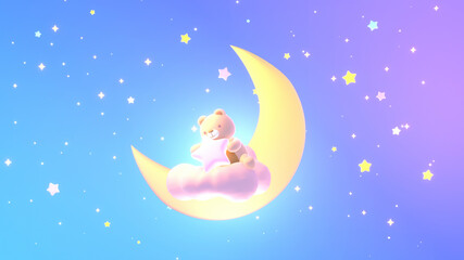 Cartoon cute bear holding a yellow star in the purple night sky. Beautiful yellow crescent moon. Good night and sleep tight lullaby theme. 3d rendering picture.