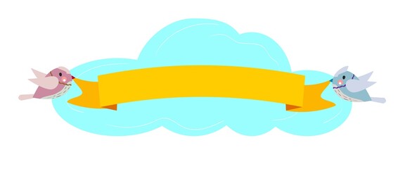Two birds holding ribbon in the sky. Vector template.