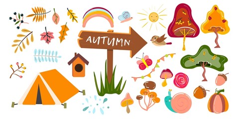 Cute autumn collection. Set of autumn items. Design elemnts. For banners, template, print, cards, packagings. Vector illustration.