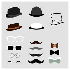 Happy Father's Day elements design with hat, mustache, eyeglasses, and bow tie.