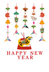 寅年　年賀状デザイン 2022年 トラの置物のイラスト　つるし飾り
