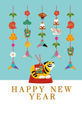 寅年　年賀状デザイン 2022年 トラの置物のイラスト　つるし飾り
