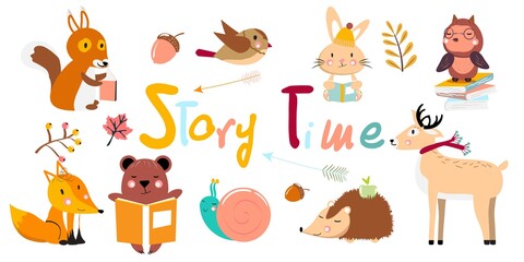 Animals reading books. Story time. Vector collection. Autumn collection.